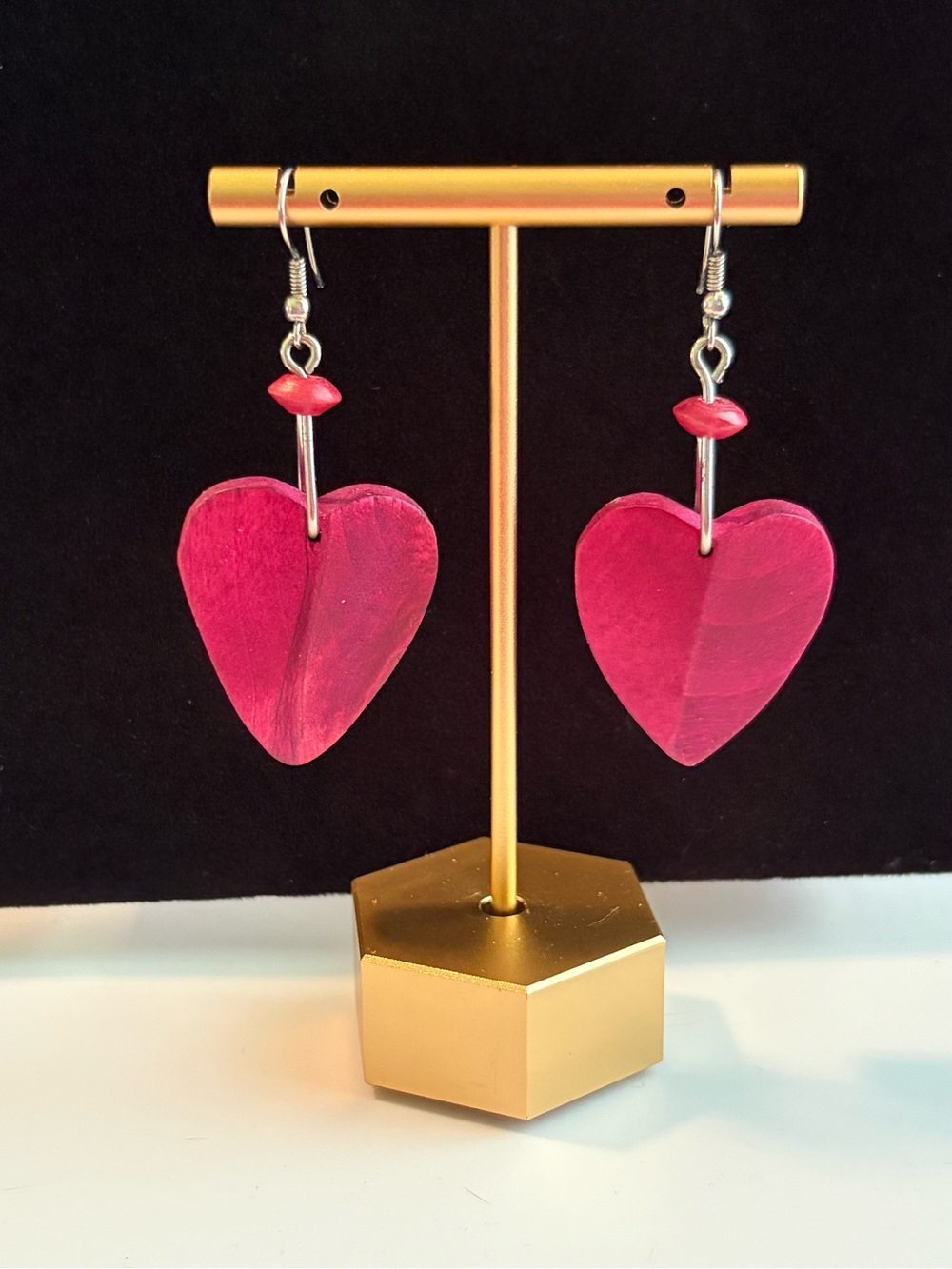 Vintage Wooden Pink Heart Drop Earrings